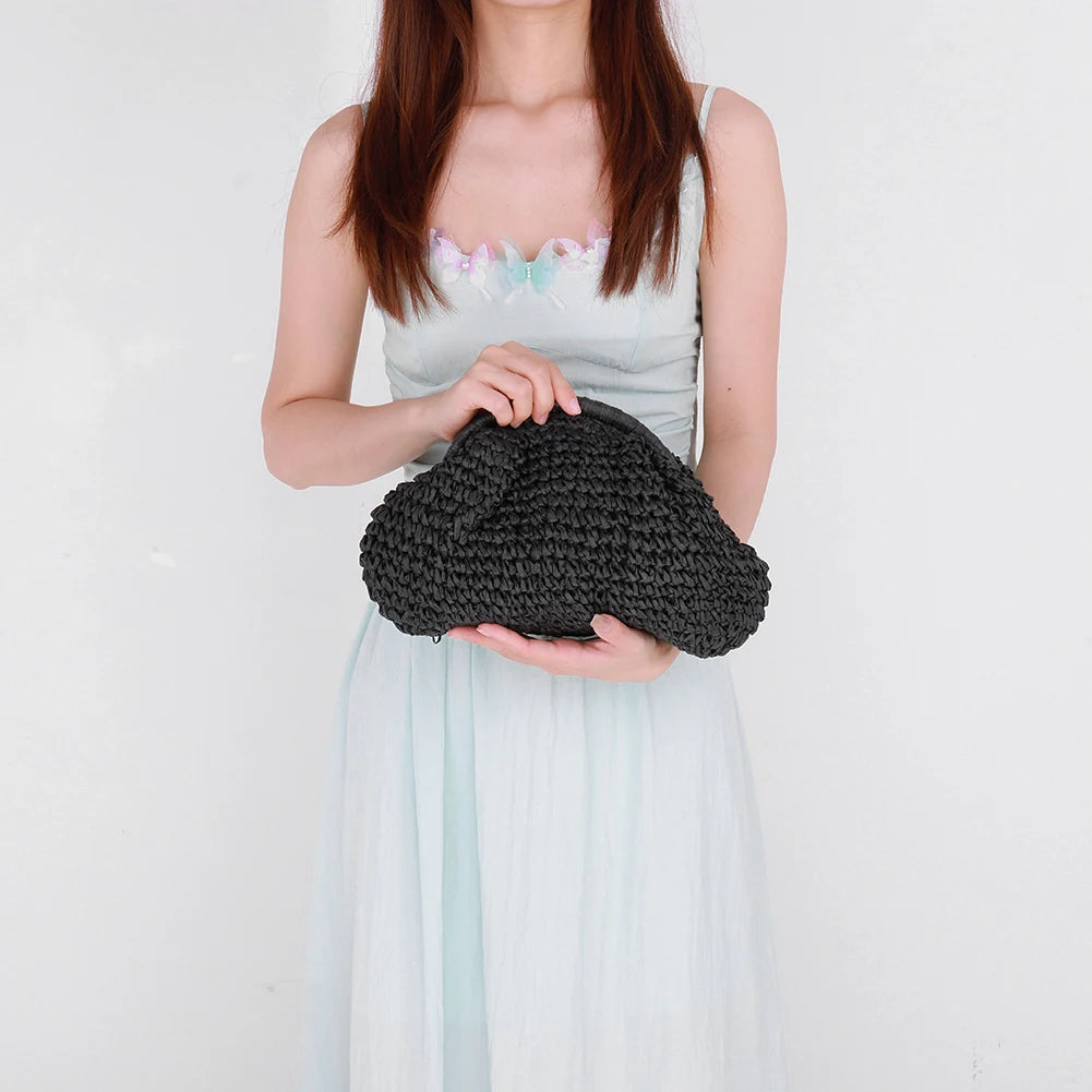 Women Straw Woven Bag Chain Strap Fashion Shoulder Bag Large Capacity Weaving Satchel Bag Solid Color for Party Vacation