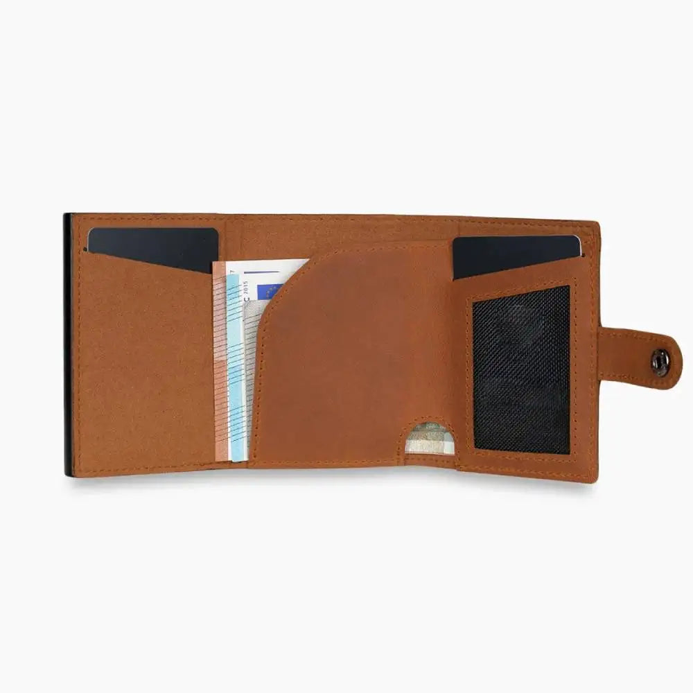 Casekey Men Credit Metal Card Holder RFID Blocking Minimalist Crazy Horse Genuine Leather Pop Up Trifold Wallet with Coin Purse