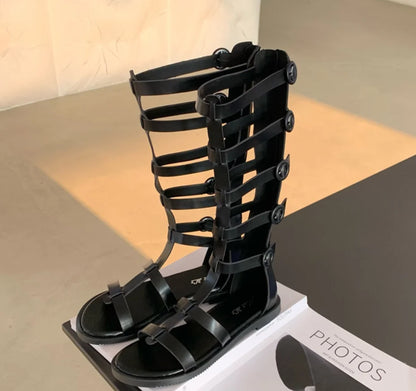 Knee High Summer Boots Gladiator Rome Sandals Mid-Calf Boots Booties Open Toe Strappy T-tied Strap Flat Heel Shoes Girl Women