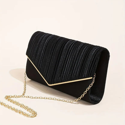 Champagne Pleated Envelope Clutch, Elegant Evening Crossbody Bag with Gold Chain Strap Detachable, for Wedding Formal Events