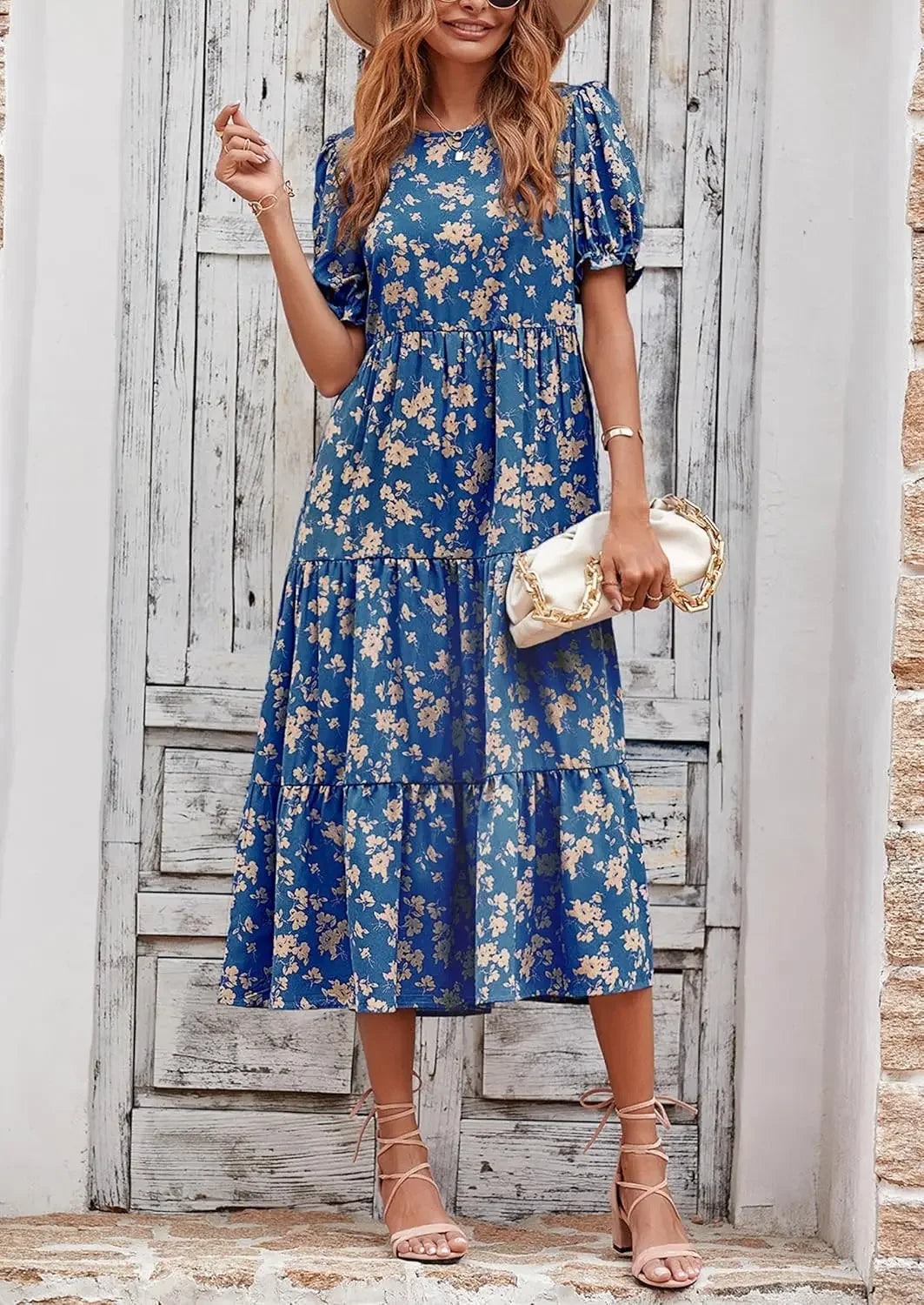 Summer Dresses for Women 2026 Casual Floral Boho Midi Sun DrPuff Short Sleeve Flowy Beach Vacation Sundress