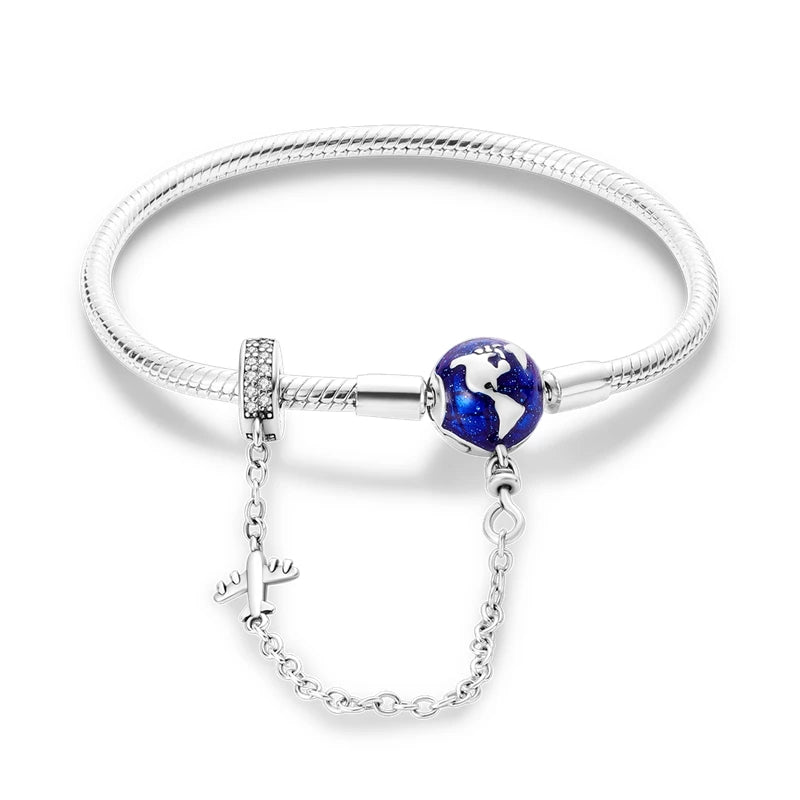 925 Sterling Silver Travel Plane Snake Basic Chain Cat and Moon Bracelet fit Original Charm Beads DIY Women Design Jewelry Party