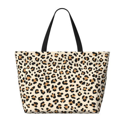 Leopard Print Large Waterproof Beach Bag for Women Sandproof Tote Bag Pool Bag with Zipper and Pockets for Travel Vacation Gym