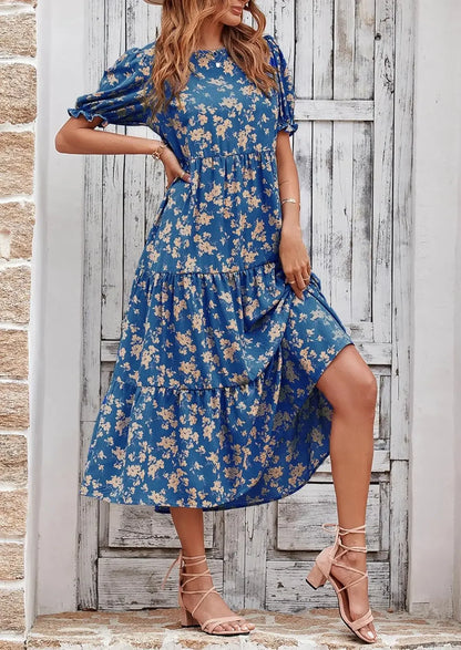 Summer Dresses for Women 2026 Casual Floral Boho Midi Sun DrPuff Short Sleeve Flowy Beach Vacation Sundress
