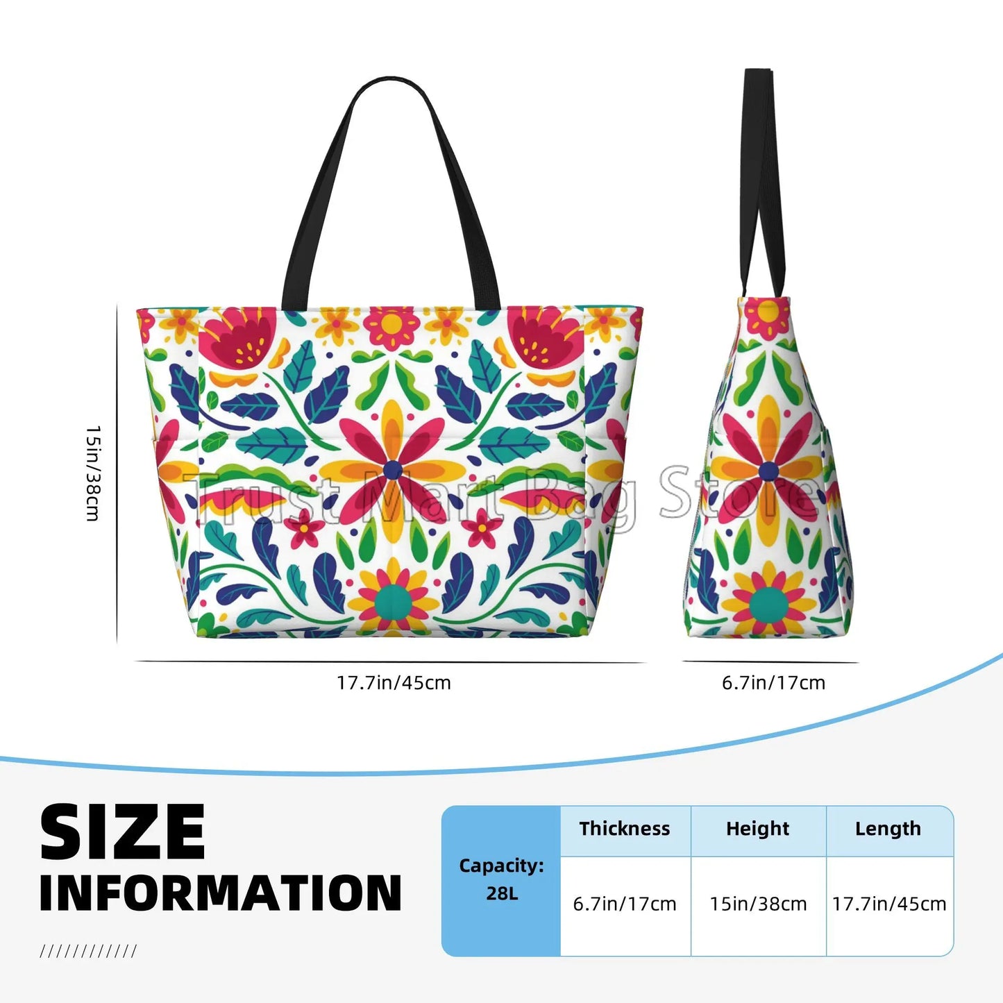 Mexican Flower Waterproof  Beach Tote Pool Bags for Women Ladies Extra Large Gym Tote Carry on Bag for Weekender Travel Swim
