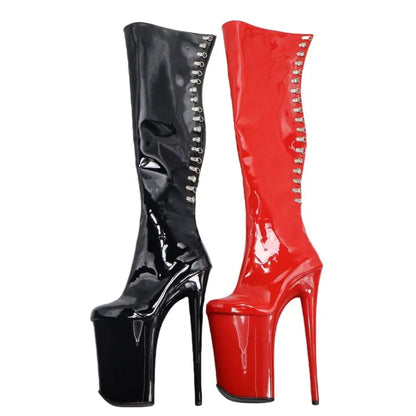 23CM Platform Thigh High Boots Queen, Red Black Patent Leather Extreme Height Boots, Metal Detail Performance Shoes