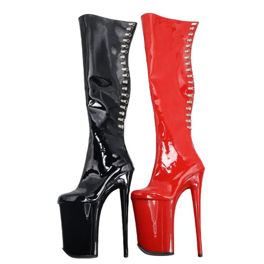 23CM Platform Thigh High Boots Queen, Red Black Patent Leather Extreme Height Boots, Metal Detail Performance Shoes