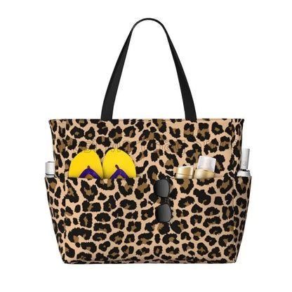 Leopard Print Large Waterproof Beach Bag for Women Sandproof Tote Bag Pool Bag with Zipper and Pockets for Travel Vacation Gym