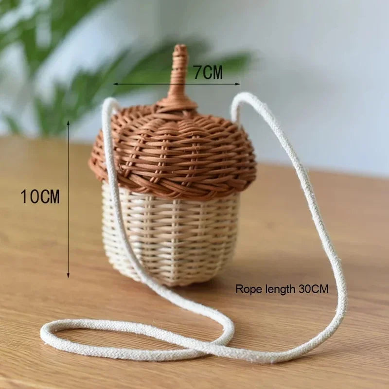 Creative Acorn Shaped Diagonal Cross Bag Storage Basket Hand Woven Circular Rattan Bag Beach Style Woven Shoulder Bag Photo Prop