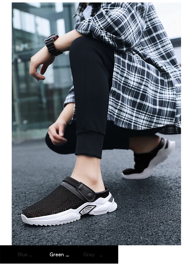 2025 Men Summer Sandal Mesh Mules Breathable Padded Beach Flip Flops Shoes Solid Flat Bath Slippers Outside Men Slippers Zapatos