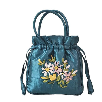 Satin Silk Hanfu Drawstrings Bag Leaf Ethnic Style Embroidery Flower Handbag Cosmetic Makeup Bag Mommy Bag Small Purse Wallet