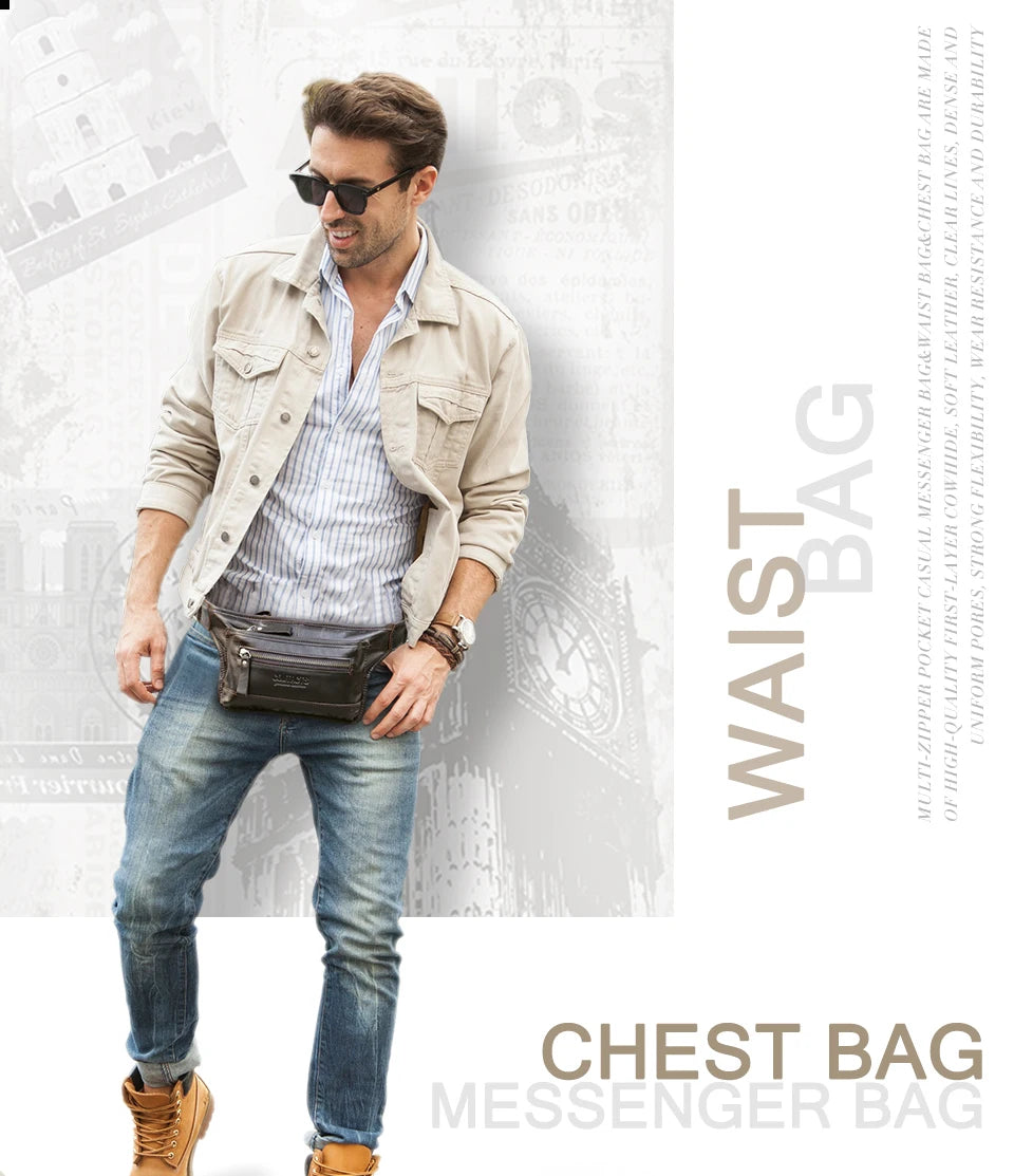 CONTACT'S Genuine Leather Waist Bags for Men Customize Waist Packs Crossbody Bag Phone Pocket Name Engraving Male Travel Bags