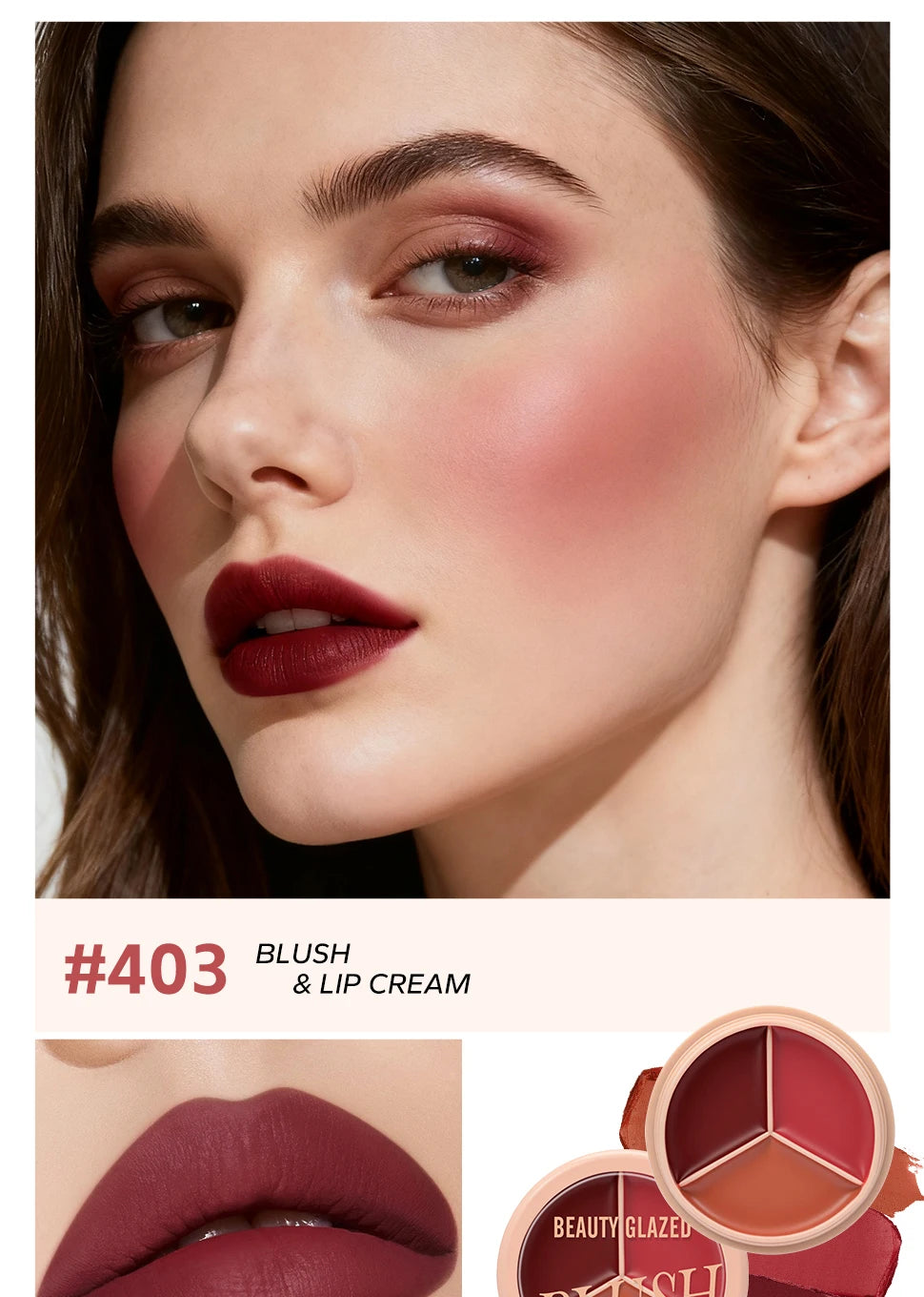 3-color blush palette-cream 2-in-1 multifunctional facial lip makeup, berry, pink, red waterproof
