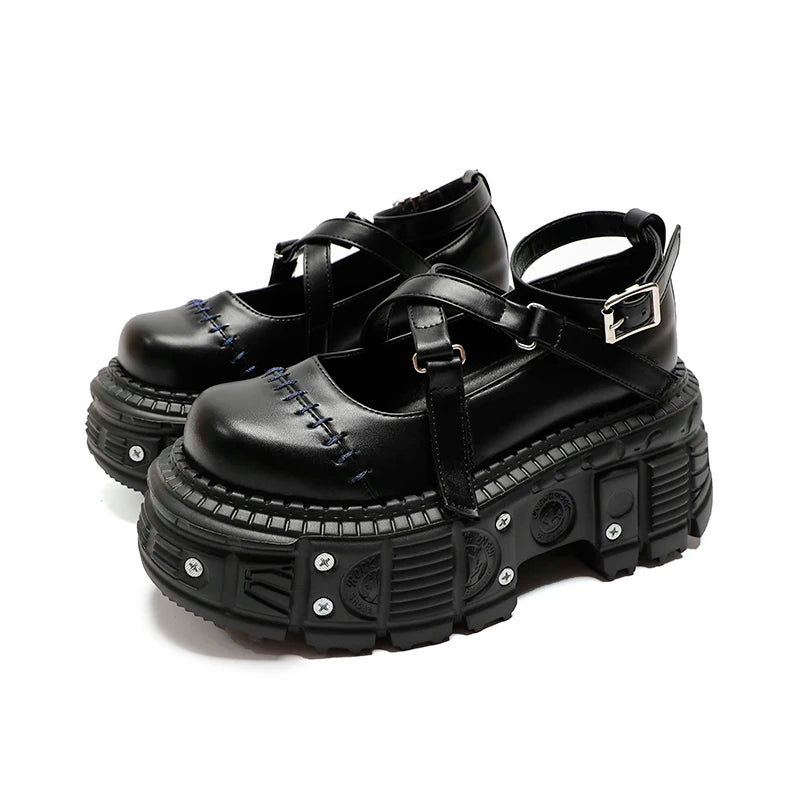 Punk Style Flat Platform Shoes Rivet Buckle Strap Mary Janes Cross Belt Black Leather Thick Bottom Shoes Women Sandals Summer