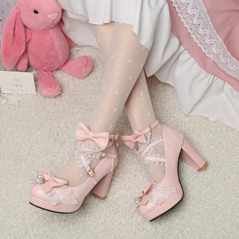 Cross Strap Women High Heels Mary Jane Pumps Party Wedding Cosplay White Pink Black Strawberry Bow Princess 2025 Lolita Shoes