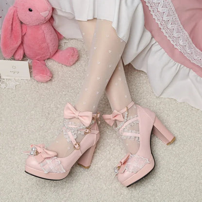 Cross Strap Women High Heels Mary Jane Pumps Party Wedding Cosplay White Pink Black Strawberry Bow Princess 2025 Lolita Shoes