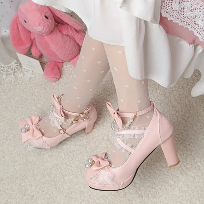 Cross Strap Women High Heels Mary Jane Pumps Party Wedding Cosplay White Pink Black Strawberry Bow Princess 2025 Lolita Shoes