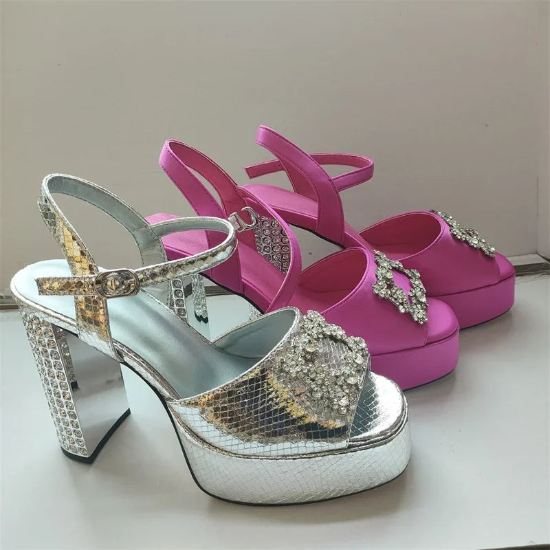 Square Headed Satin Banquet Sandals 2026 New Rhinestone Thick Heel High Heels 35-43 Leather Waterproof Platform Show Women Shoes