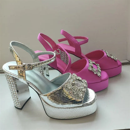 Square Headed Satin Banquet Sandals 2026 New Rhinestone Thick Heel High Heels 35-43 Leather Waterproof Platform Show Women Shoes