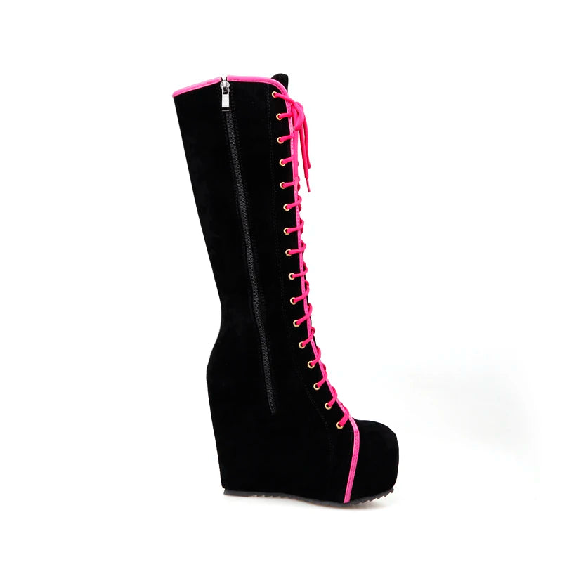 Fashion Knee High Boots Women Platform Sexy Wedge Heels Women's High Boots Lace-up Round Toe Black Dance Shoes For Girls
