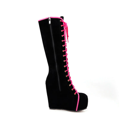 Fashion Knee High Boots Women Platform Sexy Wedge Heels Women's High Boots Lace-up Round Toe Black Dance Shoes For Girls