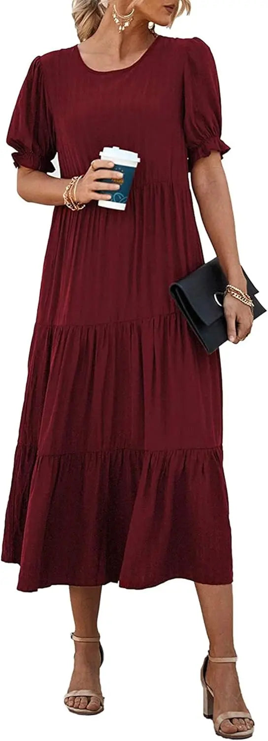 Summer Dresses for Women 2026 Casual Floral Boho Midi Sun DrPuff Short Sleeve Flowy Beach Vacation Sundress