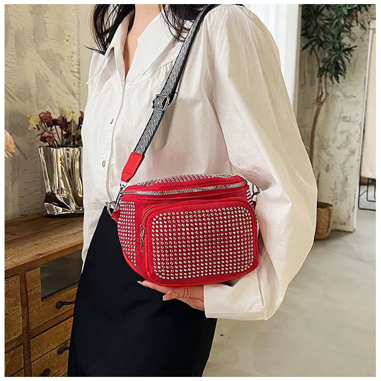Fashion Shiny Women crossbody bags PU leather Wide strap Female Shoulder bags Ladies Waist Pack and Purses Saddle Chest Bags