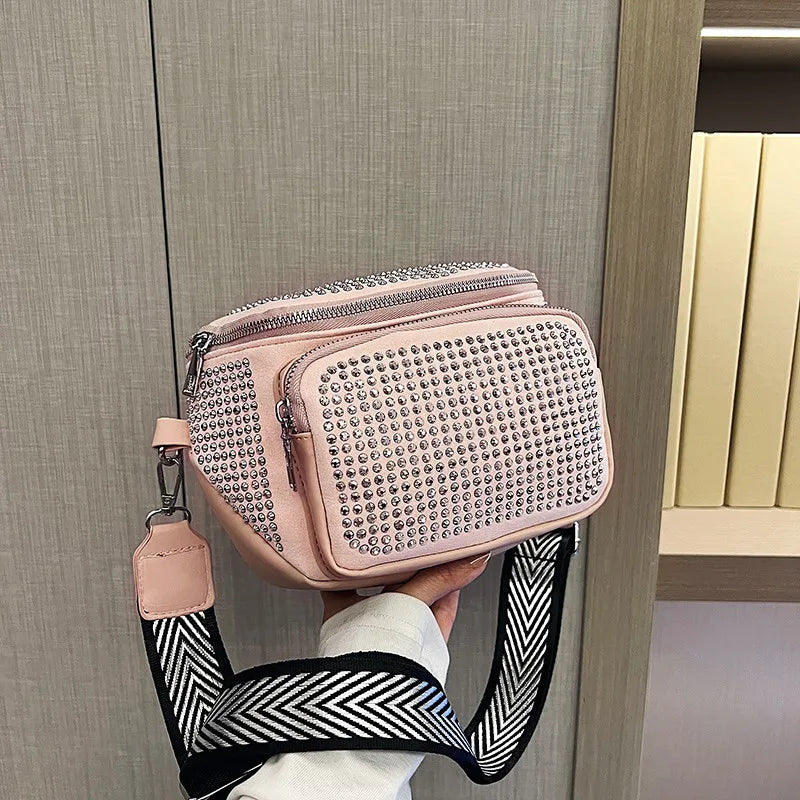 Fashion Shiny Women crossbody bags PU leather Wide strap Female Shoulder bags Ladies Waist Pack and Purses Saddle Chest Bags