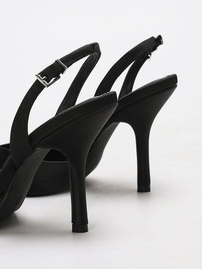 Women's Ivory Satin Pointed-Toe Slingback Heeled Sandals