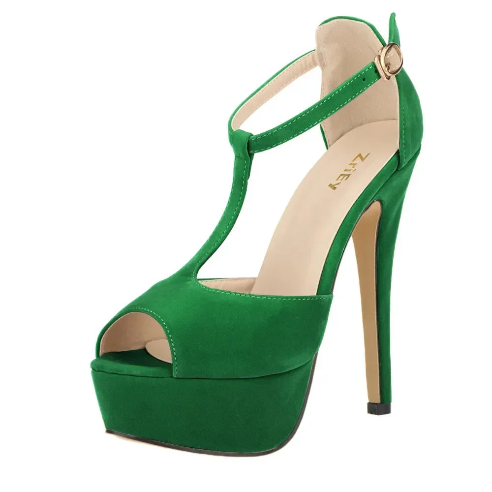 2026 New Women Platform Suede High Heels Sandals 14CM Sexy Peep Toe Ankle Strap Stilettos Pumps T-Strap Party Wedding Shoes