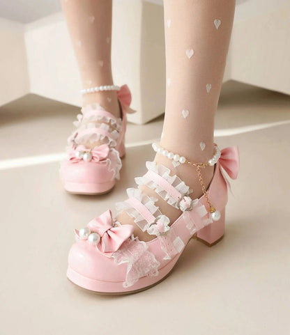 Cross Strap Women High Heels Mary Jane Pumps Party Wedding Cosplay White Pink Black Strawberry Bow Princess 2025 Lolita Shoes