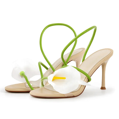 Onlymaker Women Open Toe Elegant Calla Lily Flower Sandals Wedding Heels Dressy Slingback Kitten Heel Summer Strappy Sandals